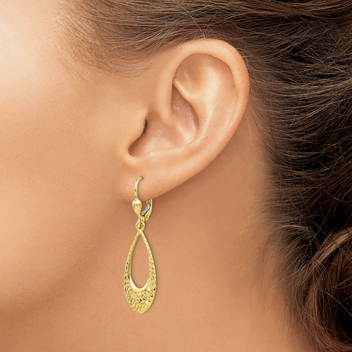 10k Yellow Gold Dangle Earrings, Elongated Teardrop with Diamond Cut Textured Design, Leverback Style