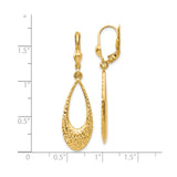 10k Yellow Gold Dangle Earrings, Elongated Teardrop with Diamond Cut Textured Design, Leverback Style