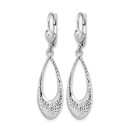 10k White Gold Dangle Earrings with Teardrop Design and Diamond-Cut Texture Leverbacks