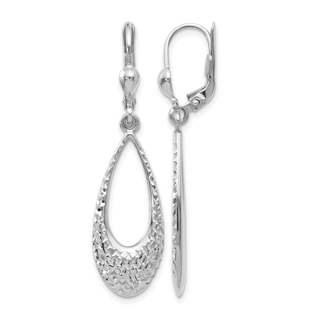10k White Gold Dangle Earrings with Teardrop Design and Diamond-Cut Texture Leverbacks