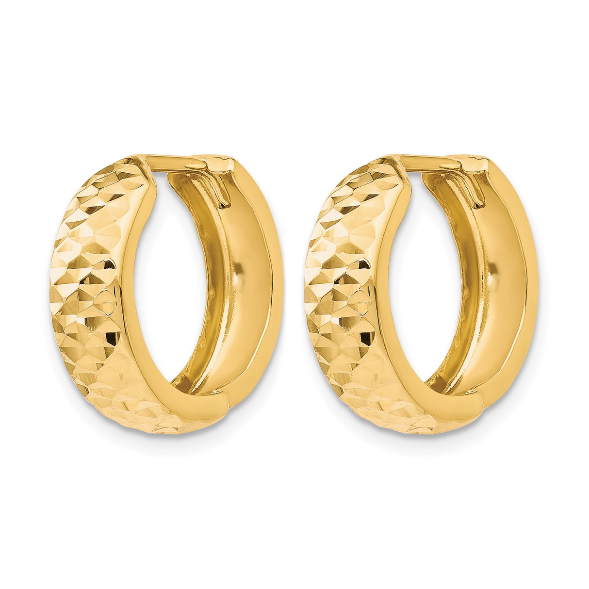 10k Yellow Gold Hoop Earrings with Diamond Cut Textured Finish, Lightweight Hinged Style
