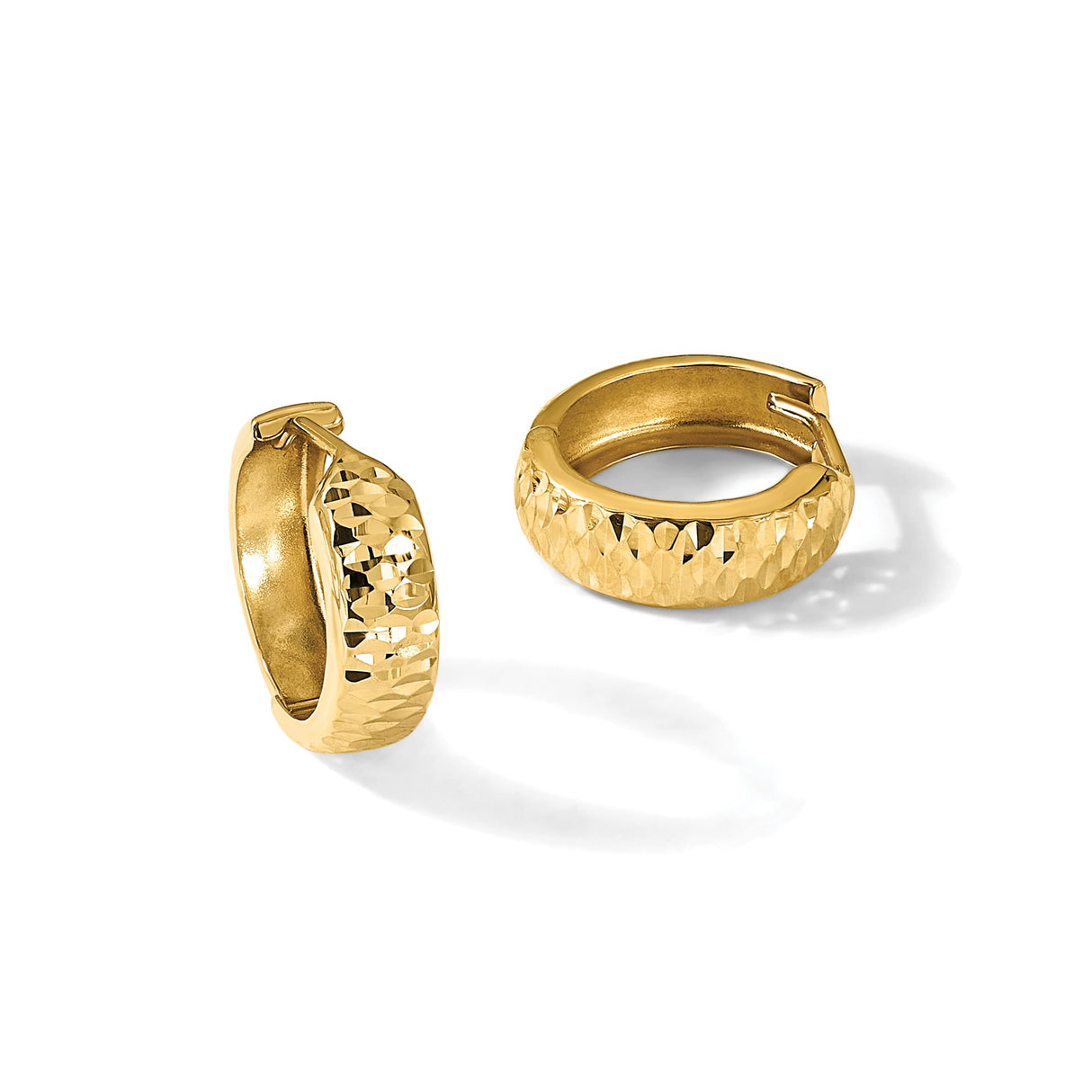 10k Yellow Gold Hoop Earrings with Diamond Cut Textured Finish, Lightweight Hinged Style