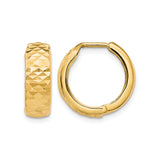 10k Yellow Gold Hoop Earrings with Diamond Cut Textured Finish, Lightweight Hinged Style