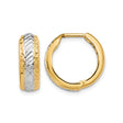 10k Yellow Gold Hoop Earrings, Diamond-Cut Textured Two-Tone Rhodium Design for Women