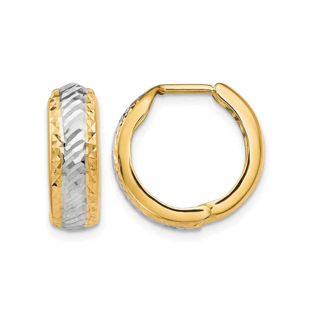 10k Yellow Gold Hoop Earrings, Diamond-Cut Textured Two-Tone Rhodium Design for Women