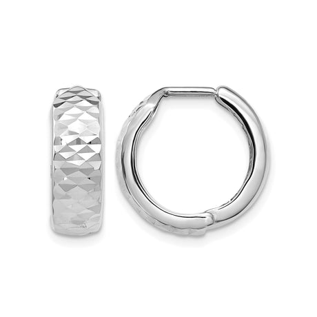 10k White Gold Hoop Earrings, Diamond Cut Small Hoops, Textured High Polish Finish