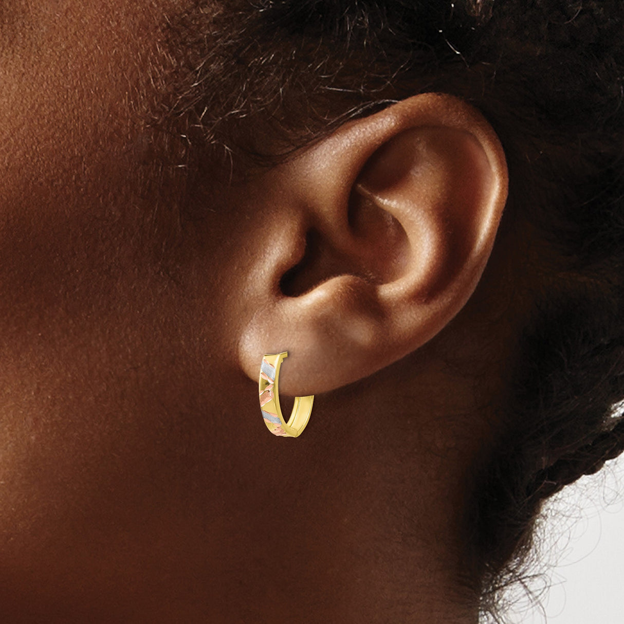 10k Yellow Gold Hoop Earrings with Rhodium and Rose Gold Accents, Diamond Cut Leaf Pattern, Satin Finish
