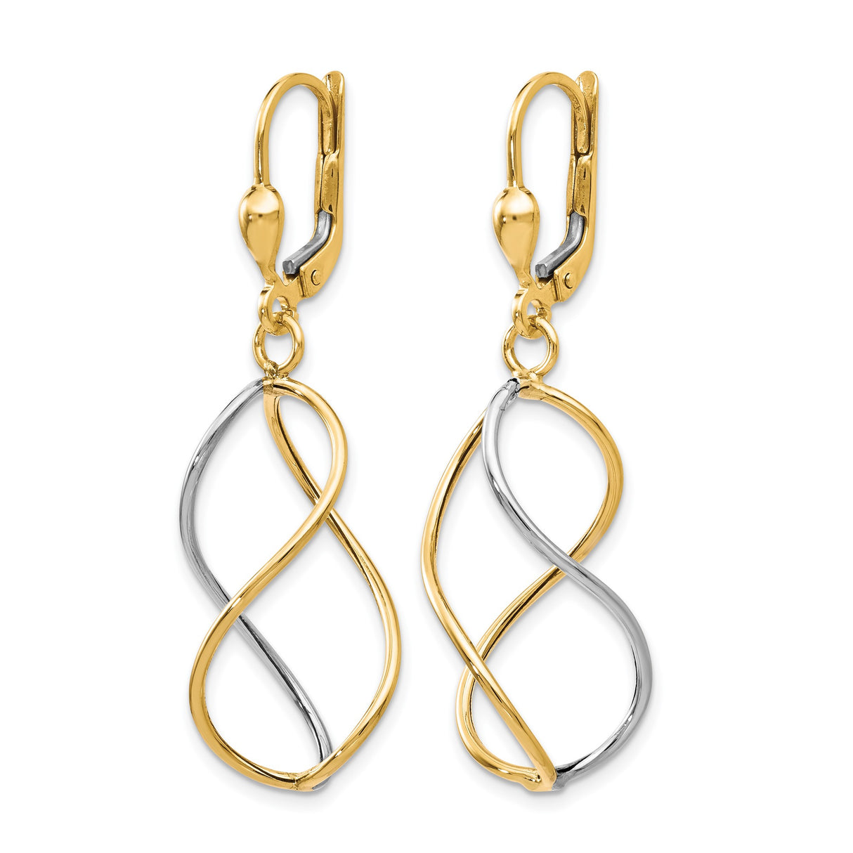 10k Yellow Gold Drop Earrings, Rhodium Accents, Infinity Twist Interwoven Loop Design