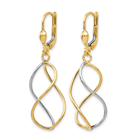 10k Yellow Gold Drop Earrings, Rhodium Accents, Infinity Twist Interwoven Loop Design