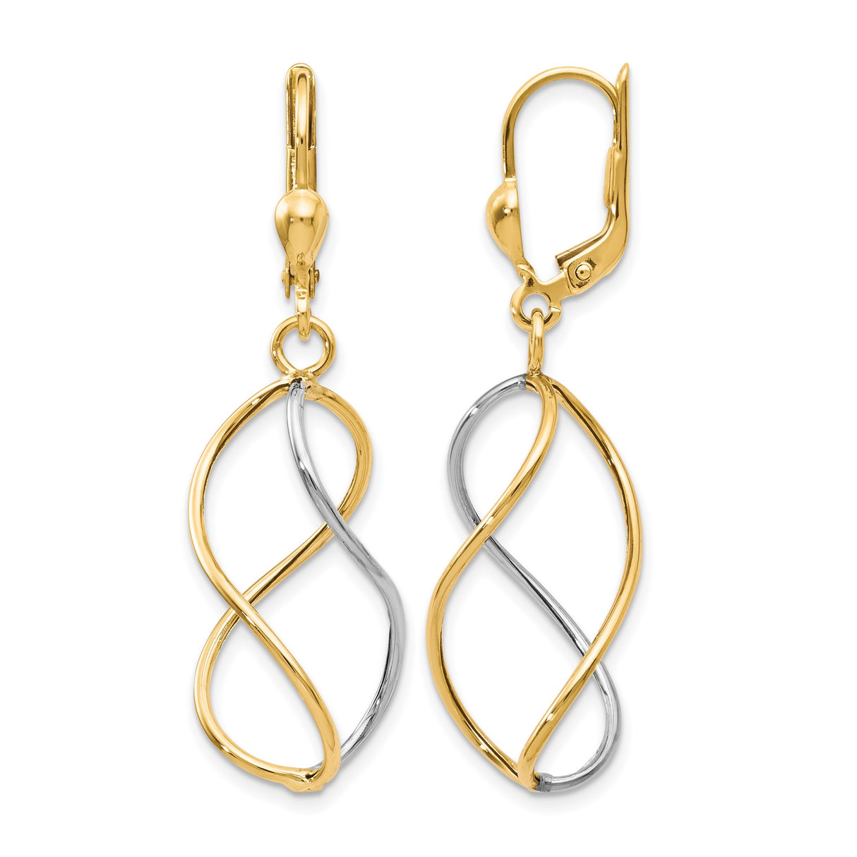 10k Yellow Gold Drop Earrings, Rhodium Accents, Infinity Twist Interwoven Loop Design
