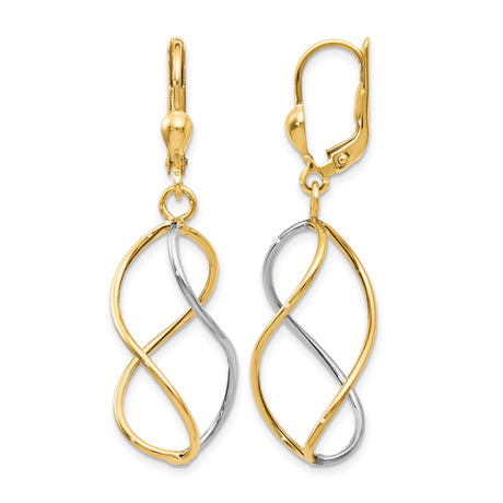 10k Yellow Gold Drop Earrings, Rhodium Accents, Infinity Twist Interwoven Loop Design