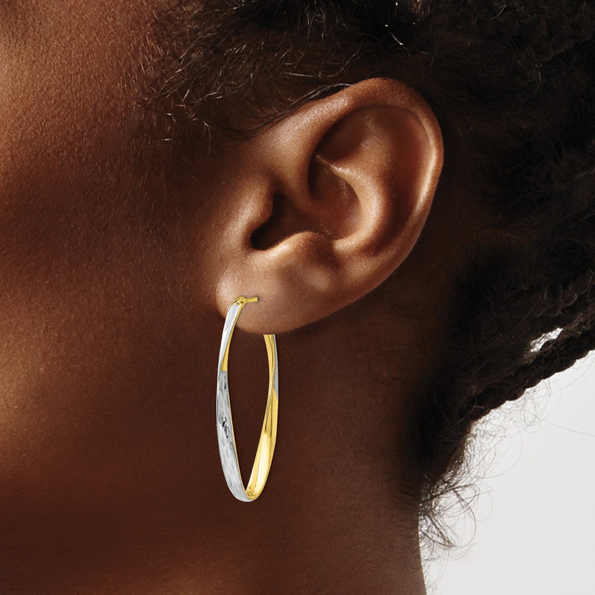 10k Yellow Gold Twisted Oval Hoop Earrings, Rhodium Finish, Diamond Cut Two-Tone Design