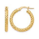 10k Yellow Gold Hoop Earrings, Textured Diamond Cut Finish, Classic Round Design for Women