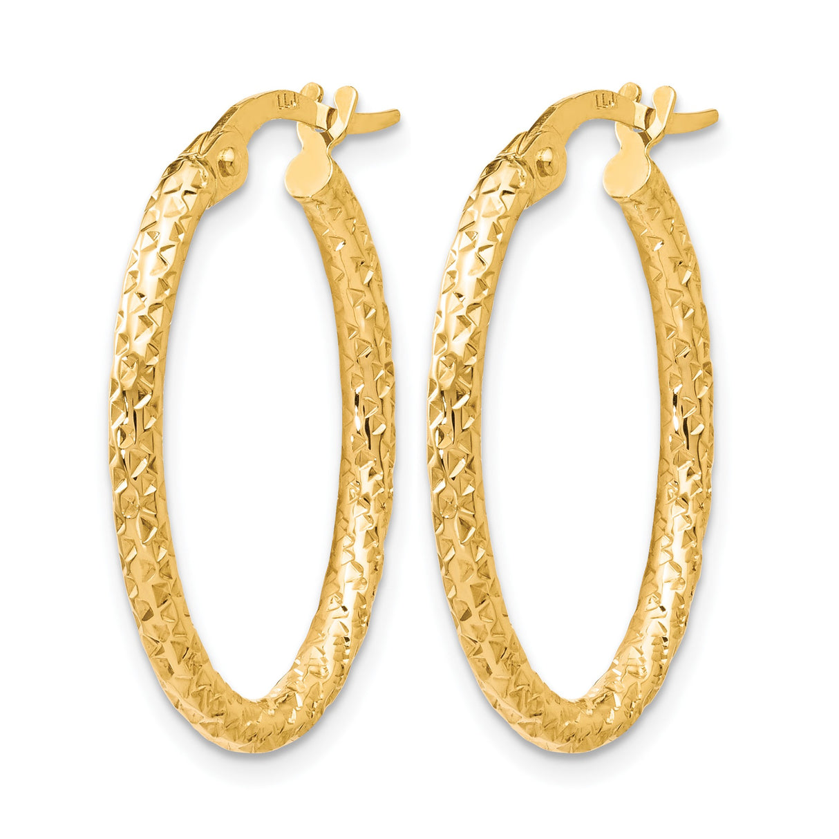 10k Yellow Gold Hoop Earrings, Textured Oval with Diamond Cut Design, Latch Back Closure