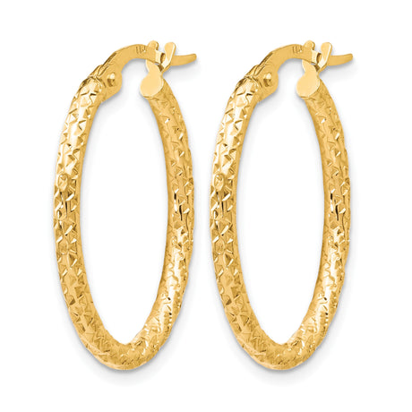 10k Yellow Gold Hoop Earrings, Textured Oval with Diamond Cut Design, Latch Back Closure