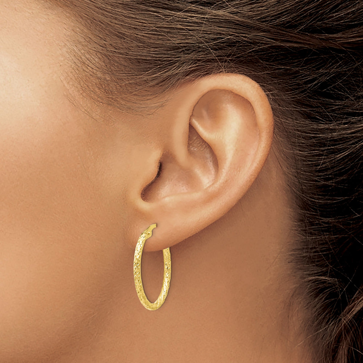 10k Yellow Gold Hoop Earrings, Textured Oval with Diamond Cut Design, Latch Back Closure