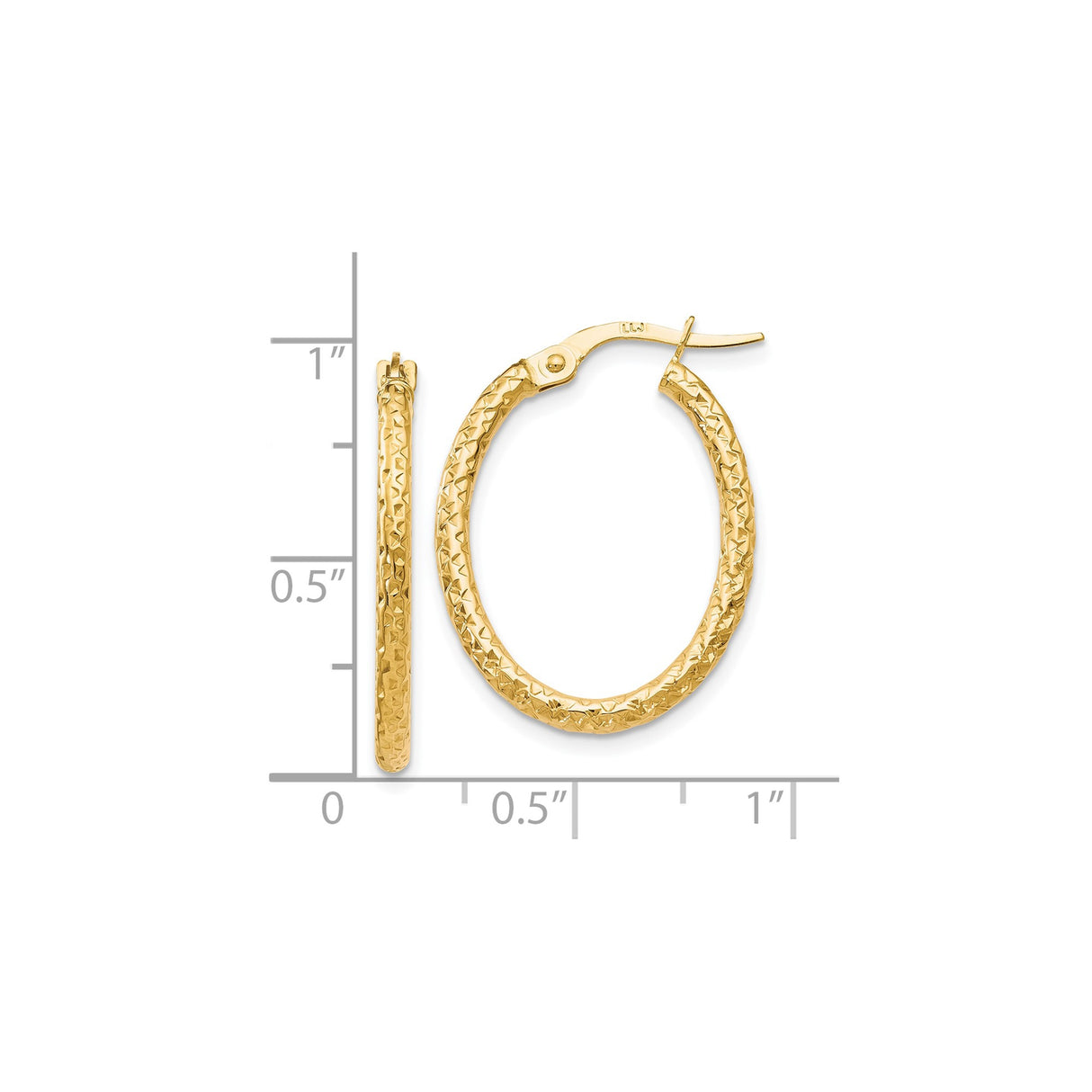 10k Yellow Gold Hoop Earrings, Textured Oval with Diamond Cut Design, Latch Back Closure
