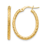 10k Yellow Gold Hoop Earrings, Textured Oval with Diamond Cut Design, Latch Back Closure