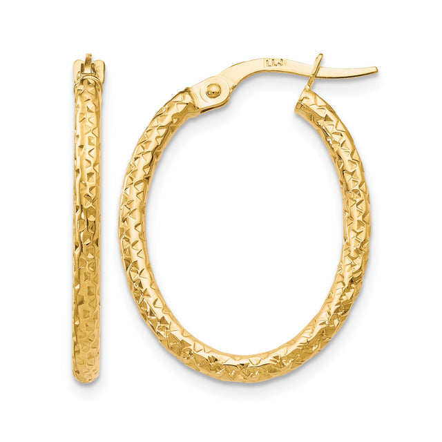 10k Yellow Gold Hoop Earrings, Textured Oval with Diamond Cut Design, Latch Back Closure
