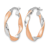 10k Yellow Gold Twisted Hoop Earrings, Rhodium Two-Tone Satin and Polished Finish, Lightweight Design