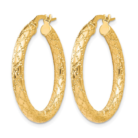 10k Yellow Gold Hoop Earrings, Textured Diamond Cut Polished Hinged Hoops for Women