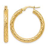 10k Yellow Gold Hoop Earrings, Textured Diamond Cut Polished Hinged Hoops for Women