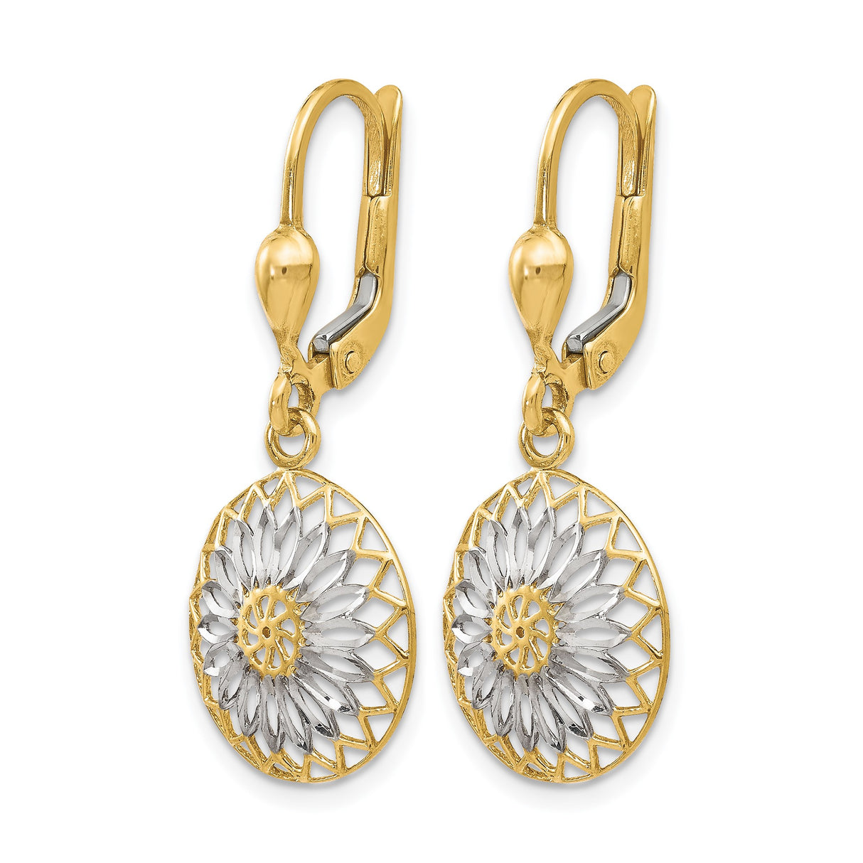10k Yellow Gold Leverback Earrings, Mandala Flower Dangle, Rhodium Finish, Boho Nature-Inspired Style