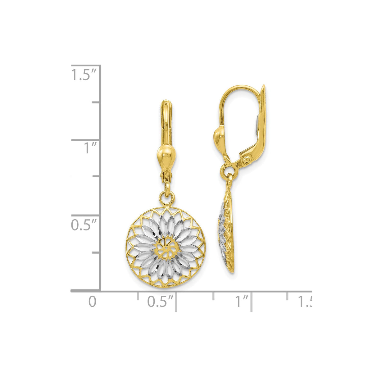 10k Yellow Gold Leverback Earrings, Mandala Flower Dangle, Rhodium Finish, Boho Nature-Inspired Style