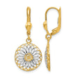 10k Yellow Gold Leverback Earrings, Mandala Flower Dangle, Rhodium Finish, Boho Nature-Inspired Style