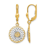 10k Yellow Gold Leverback Earrings, Mandala Flower Dangle, Rhodium Finish, Boho Nature-Inspired Style