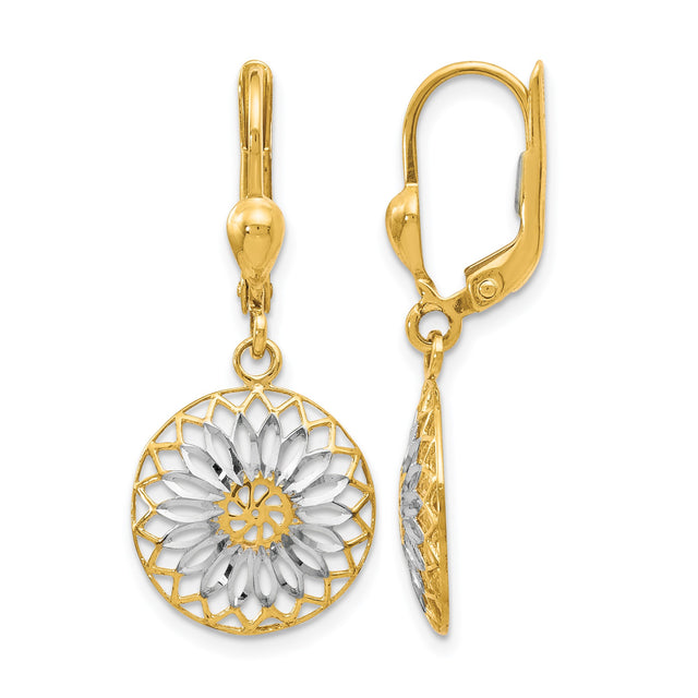 10k Yellow Gold Leverback Earrings, Mandala Flower Dangle, Rhodium Finish, Boho Nature-Inspired Style