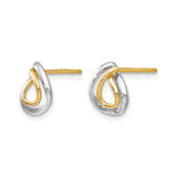 10k Yellow Gold Teardrop Knot Stud Earrings, Two-Tone Rhodium Plated, Modern Minimalist Style