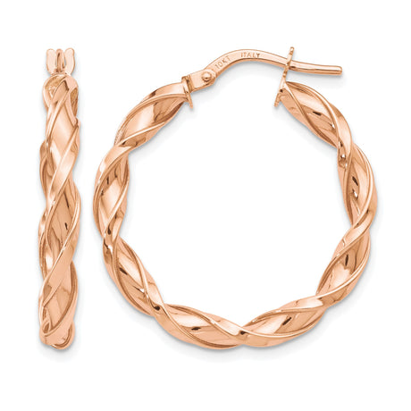 10k Rose Gold Twisted Hoop Earrings with Braided Texture and Polished Finish for Women