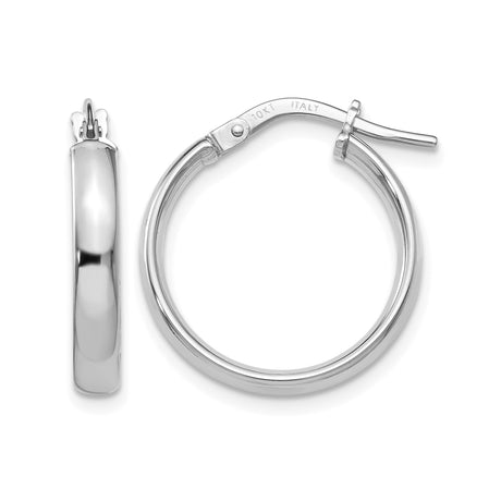 10k White Gold Hoop Earrings, Classic Polished Round Design with Hinged Clasp, Italian Made