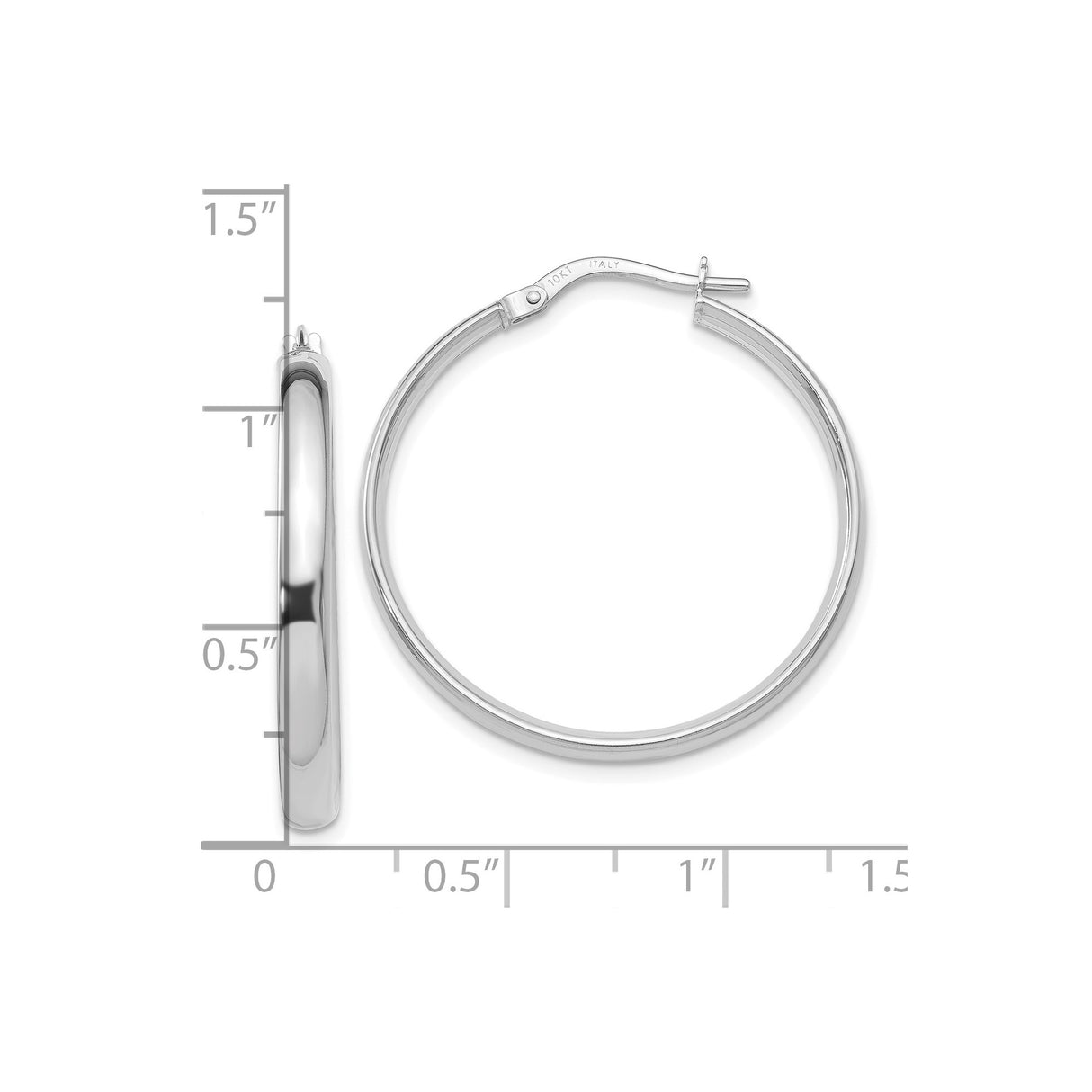 10k White Gold Hoop Earrings, Classic Italian Made Round Hoops with Hinged Closure