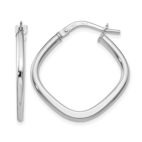10k White Gold Twisted Square Hoop Earrings, Modern Minimalist High Polish Design for Women