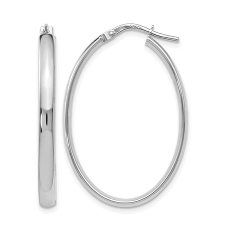10k White Gold Oval Hoop Earrings, High Polish Minimalist Design for Women