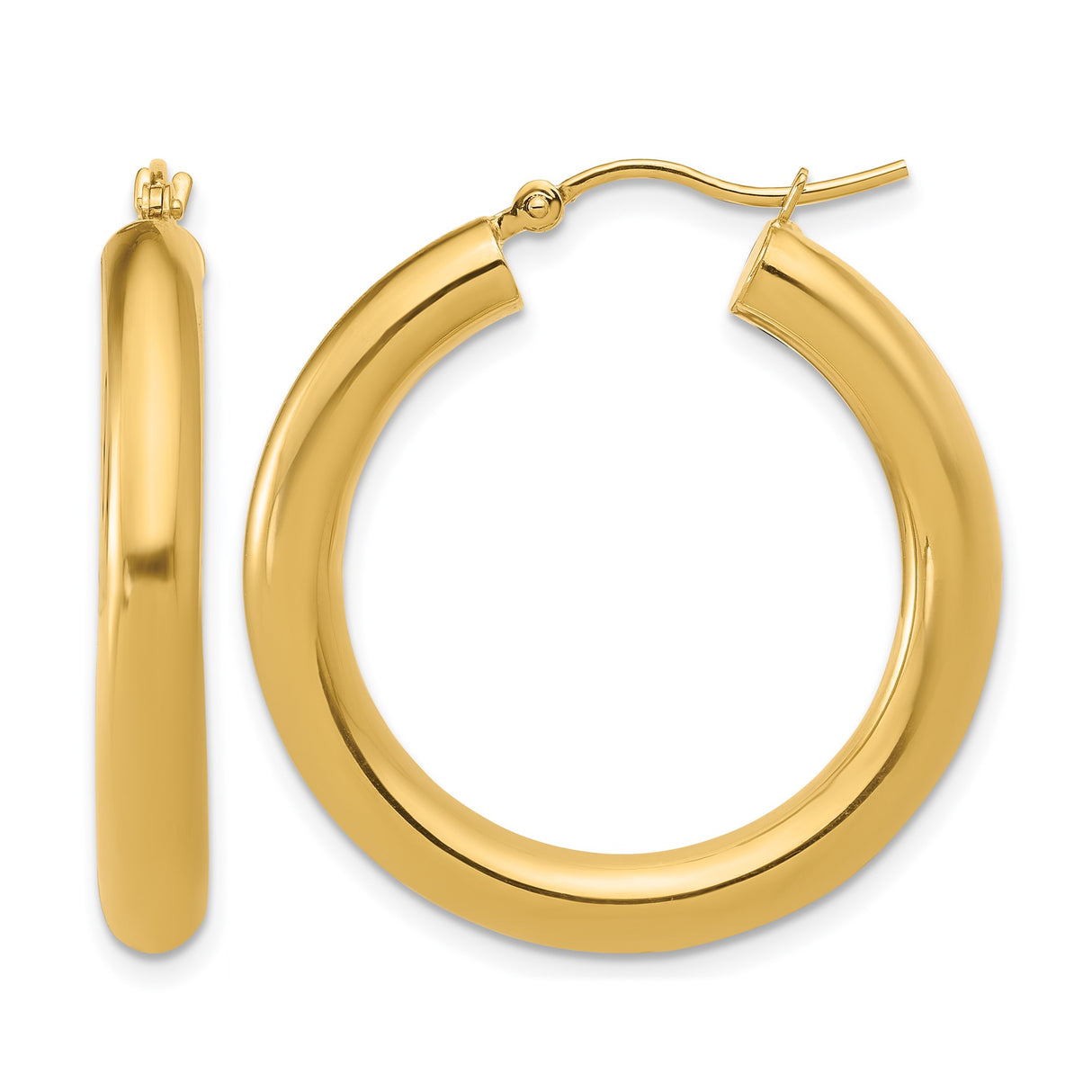 10k Yellow Gold Hoop Earrings, Classic Thick Round Design, Lightweight Minimalist Style