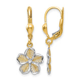 10k Yellow Gold Leverback Earrings with Rhodium Floral Design and Botanical Detailing for Women