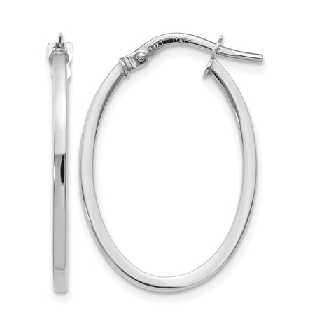 10k White Gold Oval Hoop Earrings with Hinged Closure, Polished Finish, Classic Style