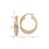 10k Tri Color Gold Hoop Earrings, Interwoven Yellow, White, and Rose Gold, Textured Polished Finish