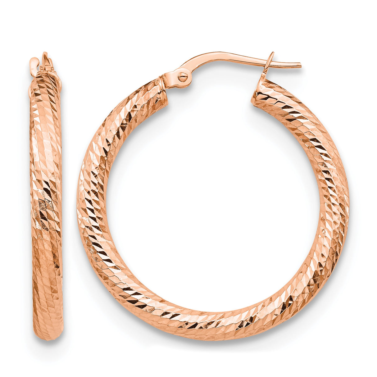 10k Rose Gold Hoop Earrings, Diamond Cut Textured Small Round Hoops for Women