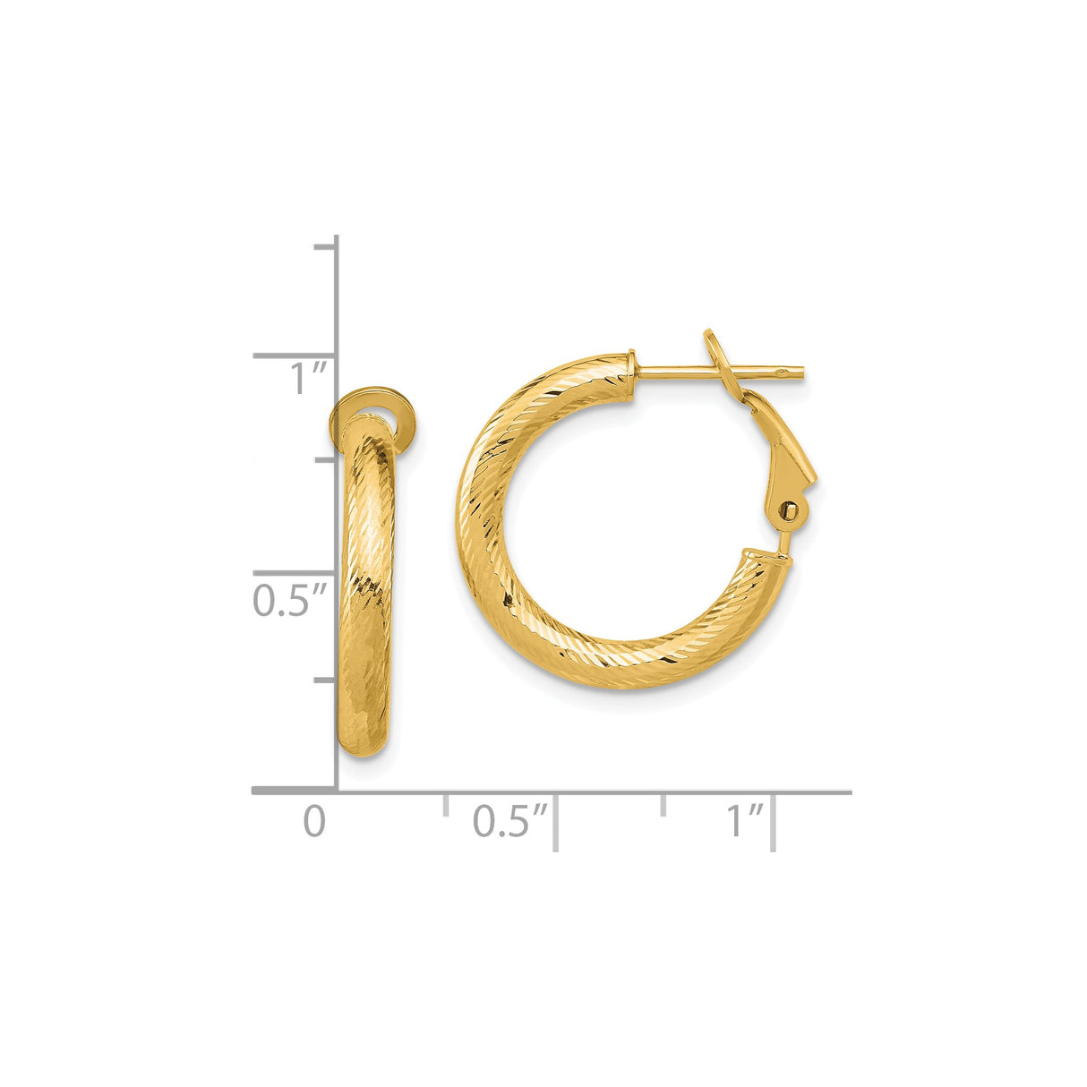 10k Yellow Gold Hoop Earrings, Diamond Cut Textured Finish, Latch Back Closure