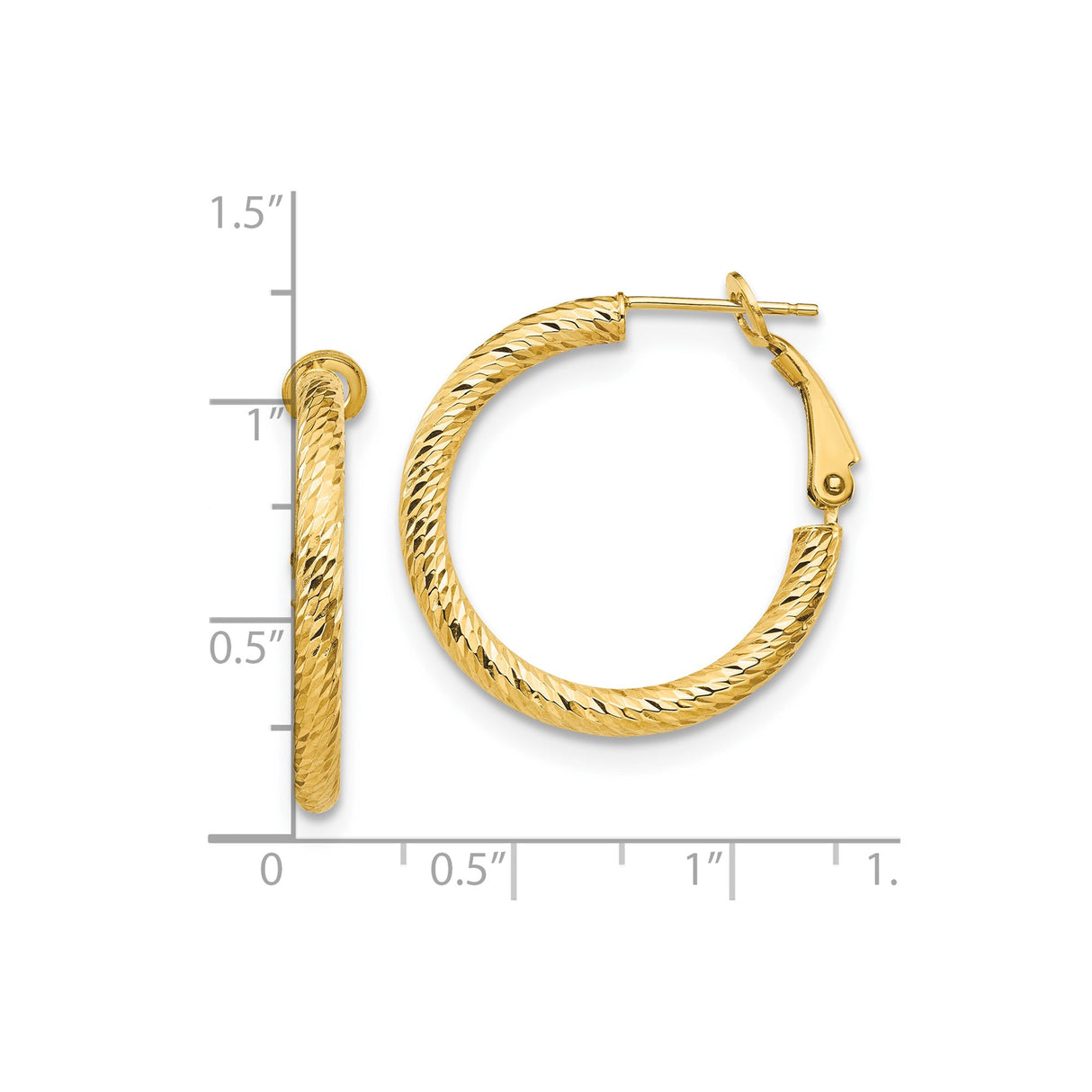 10k Yellow Gold Hoop Earrings, Diamond Cut Textured Round Design, Hinged Latch Back