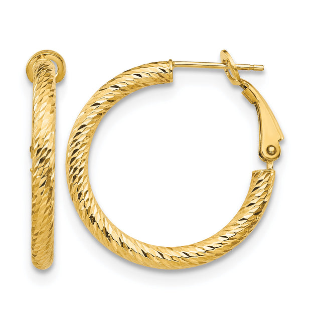 10k Yellow Gold Hoop Earrings, Diamond Cut Textured Round Design, Hinged Latch Back