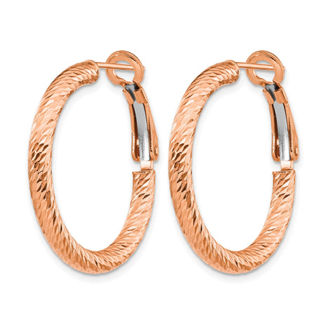 10k Yellow Gold Hoop Earrings, Diamond Cut Textured Finish, Polished Round Design
