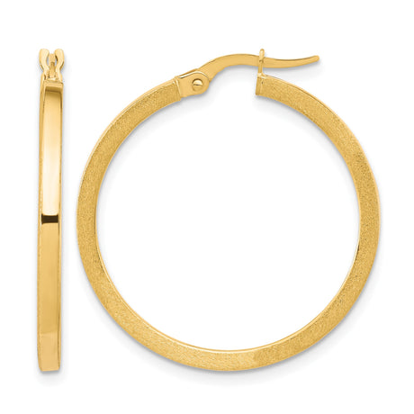 10k Yellow Gold Hoop Earrings, Lightweight Brushed Texture with Smooth Finish, Classic Round Style