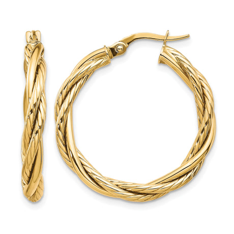 10k Yellow Gold Hoop Earrings with Braided Rope Design, Polished Twisted Style for Women