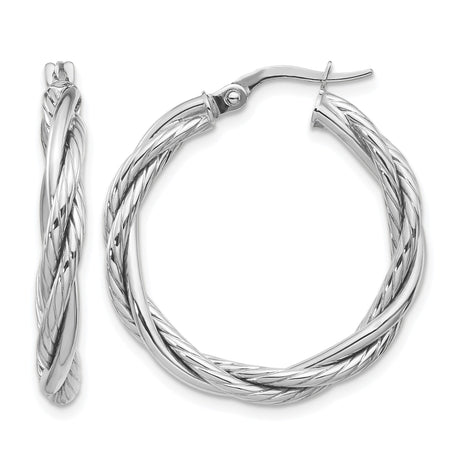 10k White Gold Hoop Earrings with Twisted Braided Double Row Design