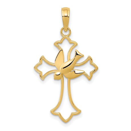 10k Yellow Gold Cross Pendant with Dove Charm, Polished Openwork Religious Design